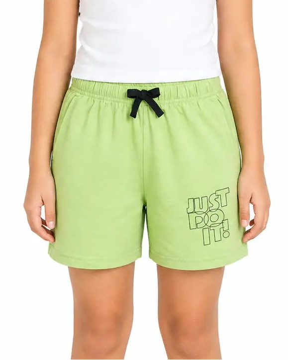 Kids Lime Green “Just Do It!” Printed Cotton Shorts with Contrast Drawstring BloomUp