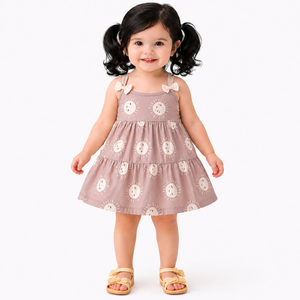Blush Pink Sun Print Tiered Kids Dress – Soft Cotton Summer Wear for Girls BloomUp