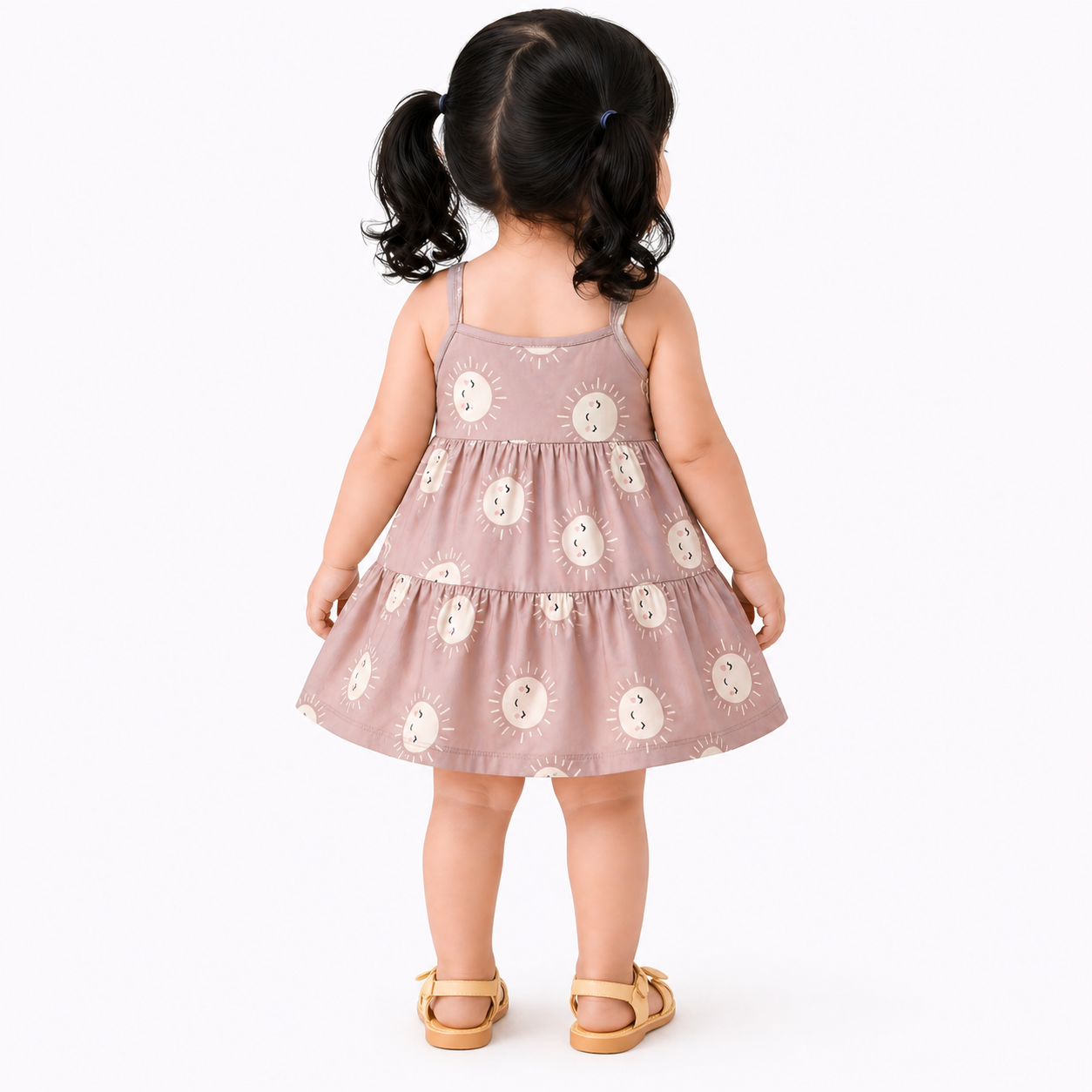 Blush Pink Sun Print Tiered Kids Dress – Soft Cotton Summer Wear for Girls BloomUp