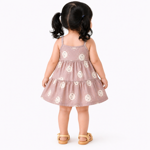 Blush Pink Sun Print Tiered Kids Dress – Soft Cotton Summer Wear for Girls BloomUp