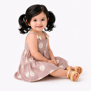 Blush Pink Sun Print Tiered Kids Dress – Soft Cotton Summer Wear for Girls BloomUp