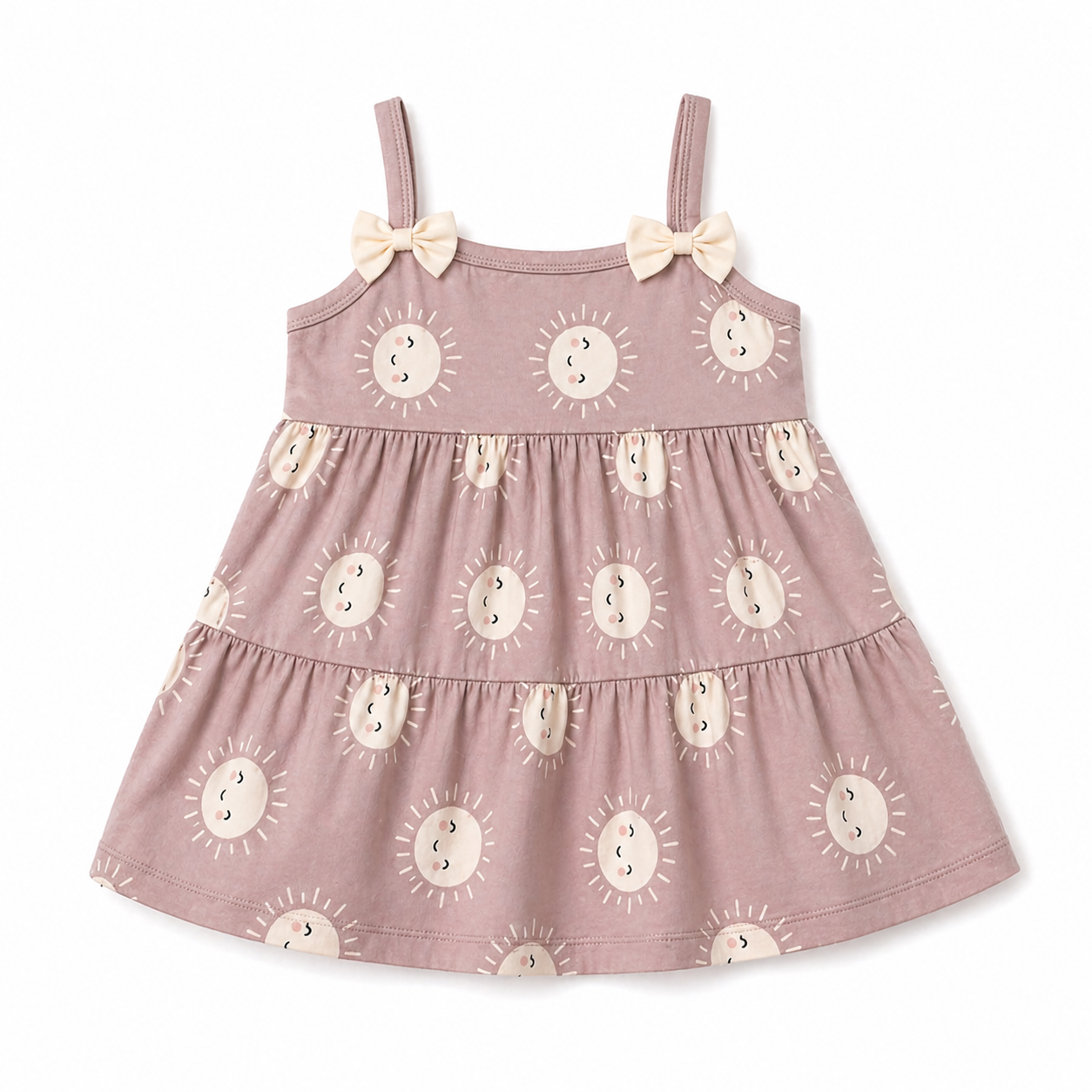 Blush Pink Sun Print Tiered Kids Dress – Soft Cotton Summer Wear for Girls BloomUp