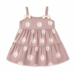 Blush Pink Sun Print Tiered Kids Dress – Soft Cotton Summer Wear for Girls BloomUp