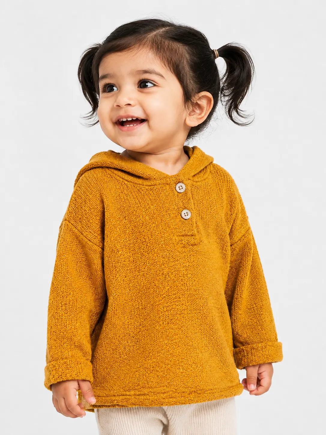 Mustard Yellow Textured Hooded Sweatshirt for Kids – Soft Winter Pullover Hoodie for Baby Boys & Girls
