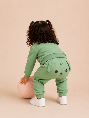 Sage Green Puppy Appliqué Co-ord Set for Kids – Soft Cotton Sweatshirt & Jogger Pants Set BloomUp