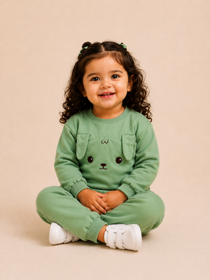 Sage Green Puppy Appliqué Co-ord Set for Kids – Soft Cotton Sweatshirt & Jogger Pants Set BloomUp