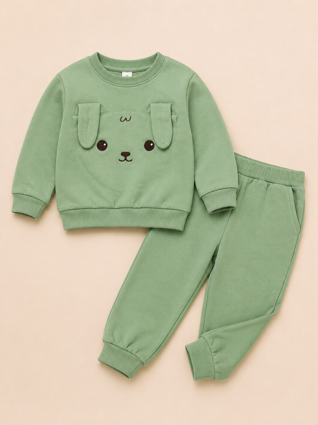 Sage Green Puppy Appliqué Co-ord Set for Kids – Soft Cotton Sweatshirt & Jogger Pants Set BloomUp
