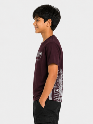 Boys Burgundy Graphic Shirt With Soft Cotton T-Shirt BloomUp