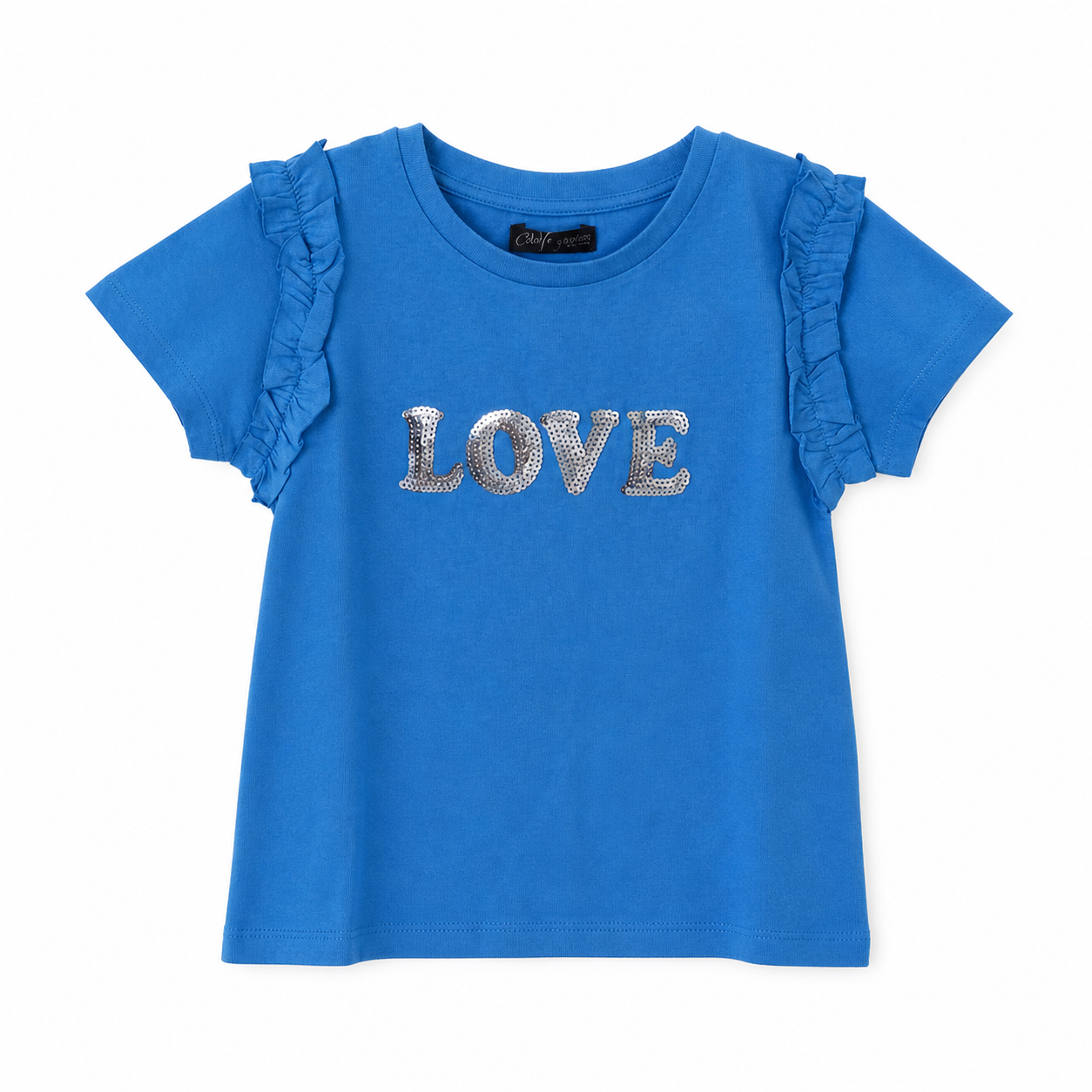 Blue “Love” Graphic Kids T-Shirt – Soft Cotton Ruffle Sleeve Summer Wear for Girls BloomUp
