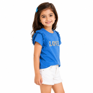 Blue “Love” Graphic Kids T-Shirt – Soft Cotton Ruffle Sleeve Summer Wear for Girls BloomUp