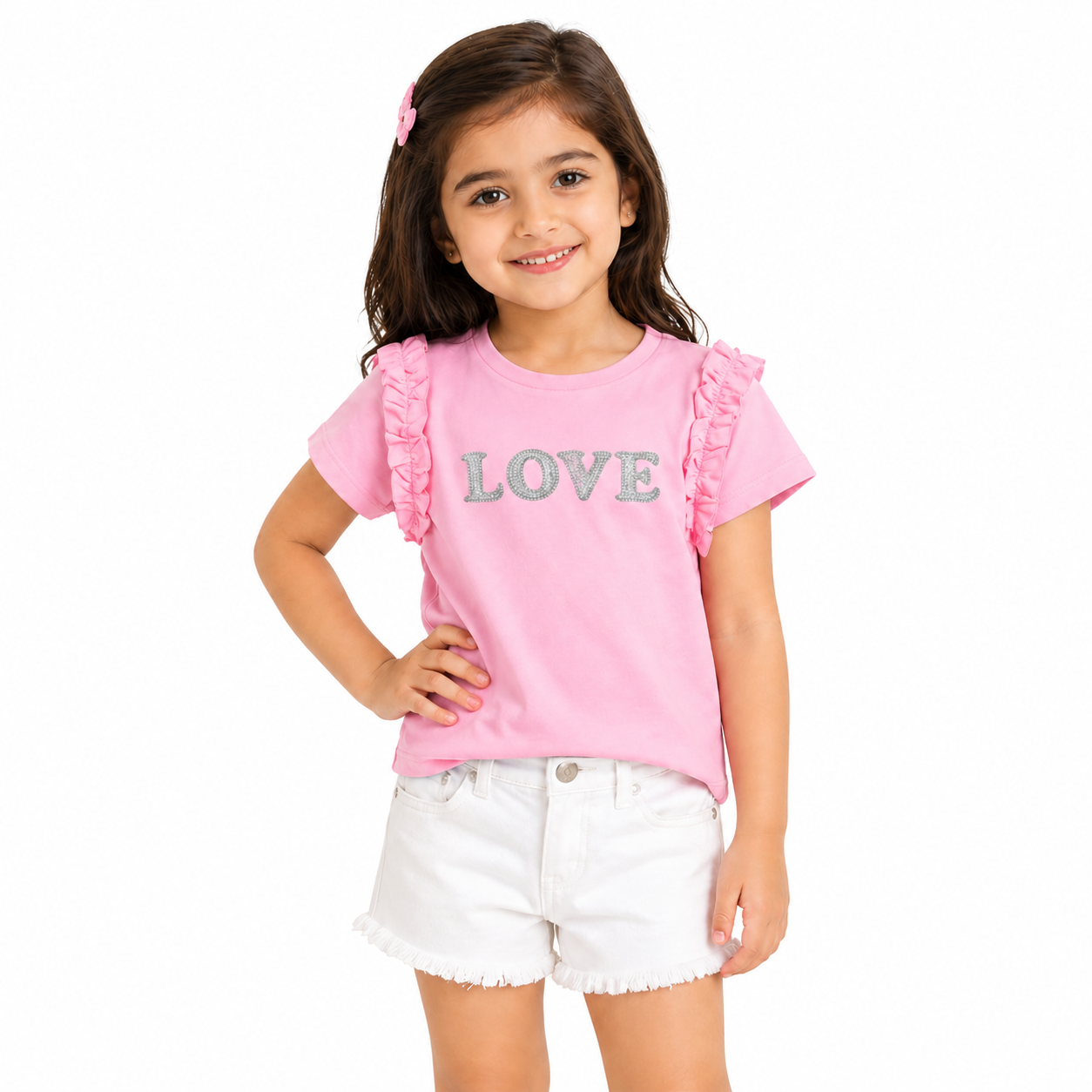 Pink “Love” Graphic Kids T-Shirt – Soft Cotton Ruffle Sleeve Summer Wear for Girls BloomUp