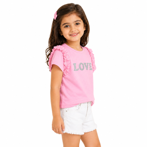 Pink “Love” Graphic Kids T-Shirt – Soft Cotton Ruffle Sleeve Summer Wear for Girls BloomUp
