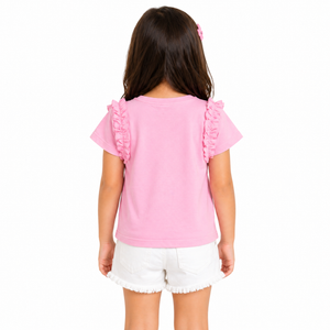 Pink “Love” Graphic Kids T-Shirt – Soft Cotton Ruffle Sleeve Summer Wear for Girls BloomUp