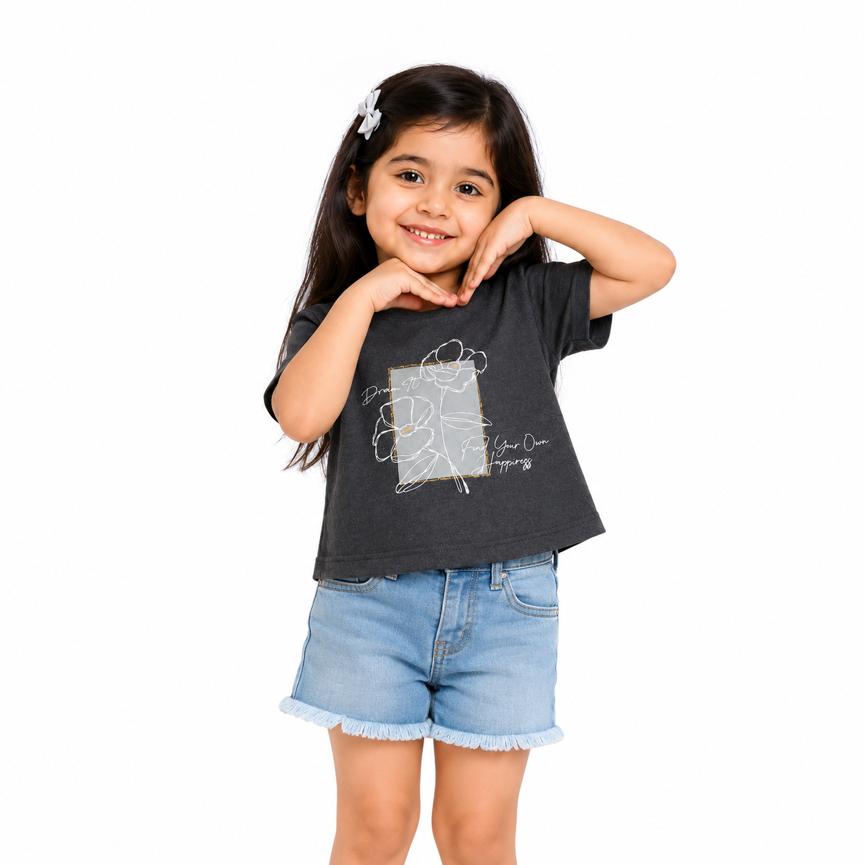 Charcoal Grey Floral Graphic Crop Top for Girls – Soft Cotton Summer Wear Kids T-Shirt BloomUp