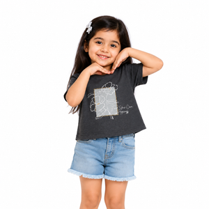 Charcoal Grey Floral Graphic Crop Top for Girls – Soft Cotton Summer Wear Kids T-Shirt BloomUp