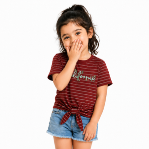 Maroon Striped California Tie-Up Top for Girls – Soft Cotton Summer Wear Kids T-Shirt BloomUp