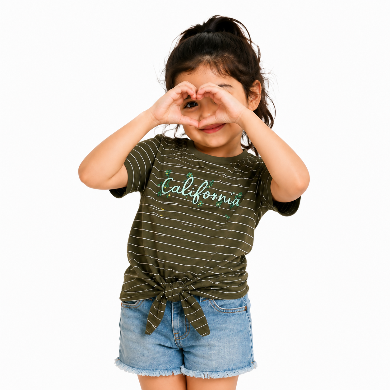 Olive Striped California Tie-Up Top for Girls – Soft Cotton Summer Wear Kids T-Shirt BloomUp