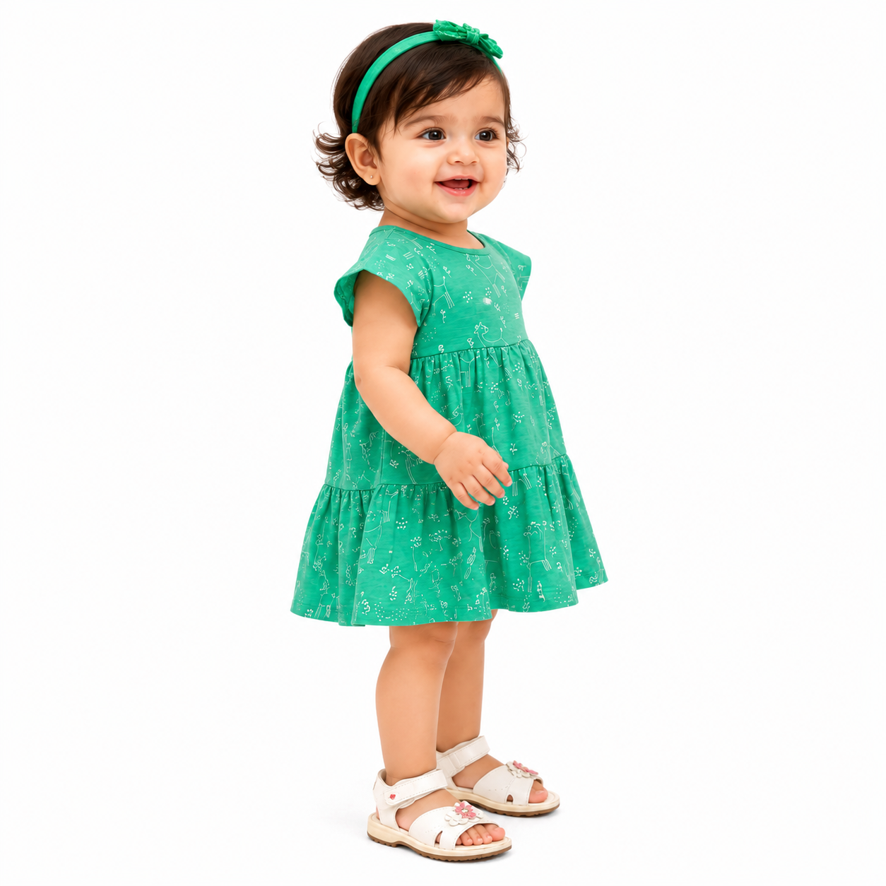 Green Printed Tiered Kids Dress – Soft Cotton Summer Wear for Girls BloomUp