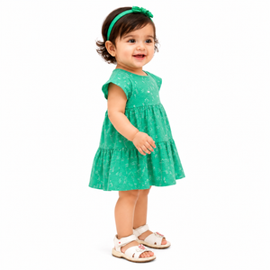 Green Printed Tiered Kids Dress – Soft Cotton Summer Wear for Girls BloomUp