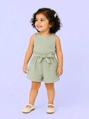 Sage Green Cotton Muslin Romper with Tie Waist – Soft Summer Baby Wear BloomUp