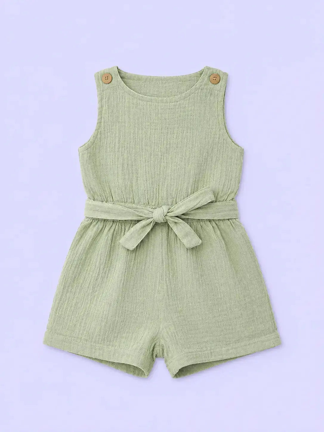 Sage Green Cotton Muslin Romper with Tie Waist – Soft Summer Baby Wear BloomUp
