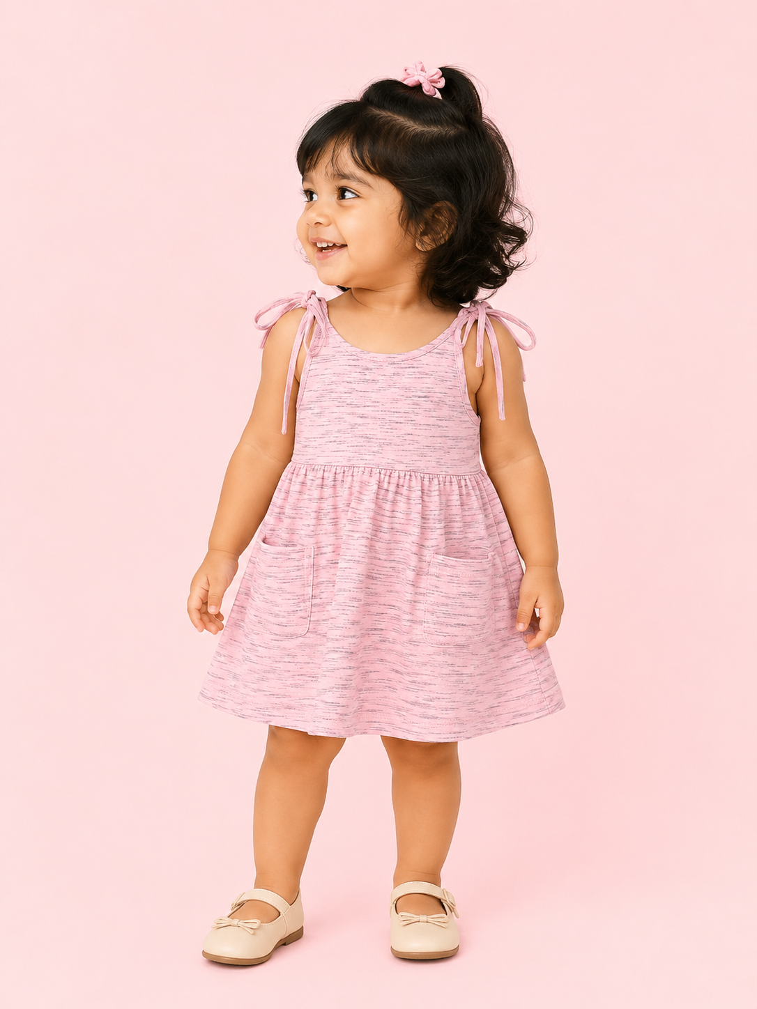 Light Pink Tie-Up Strap Kids Dress – Soft Cotton Summer Wear for Girls BloomUp
