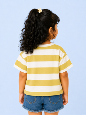 Yellow & White Striped Graphic Kids T-Shirt – Soft Cotton Summer Wear for Girls BloomUp