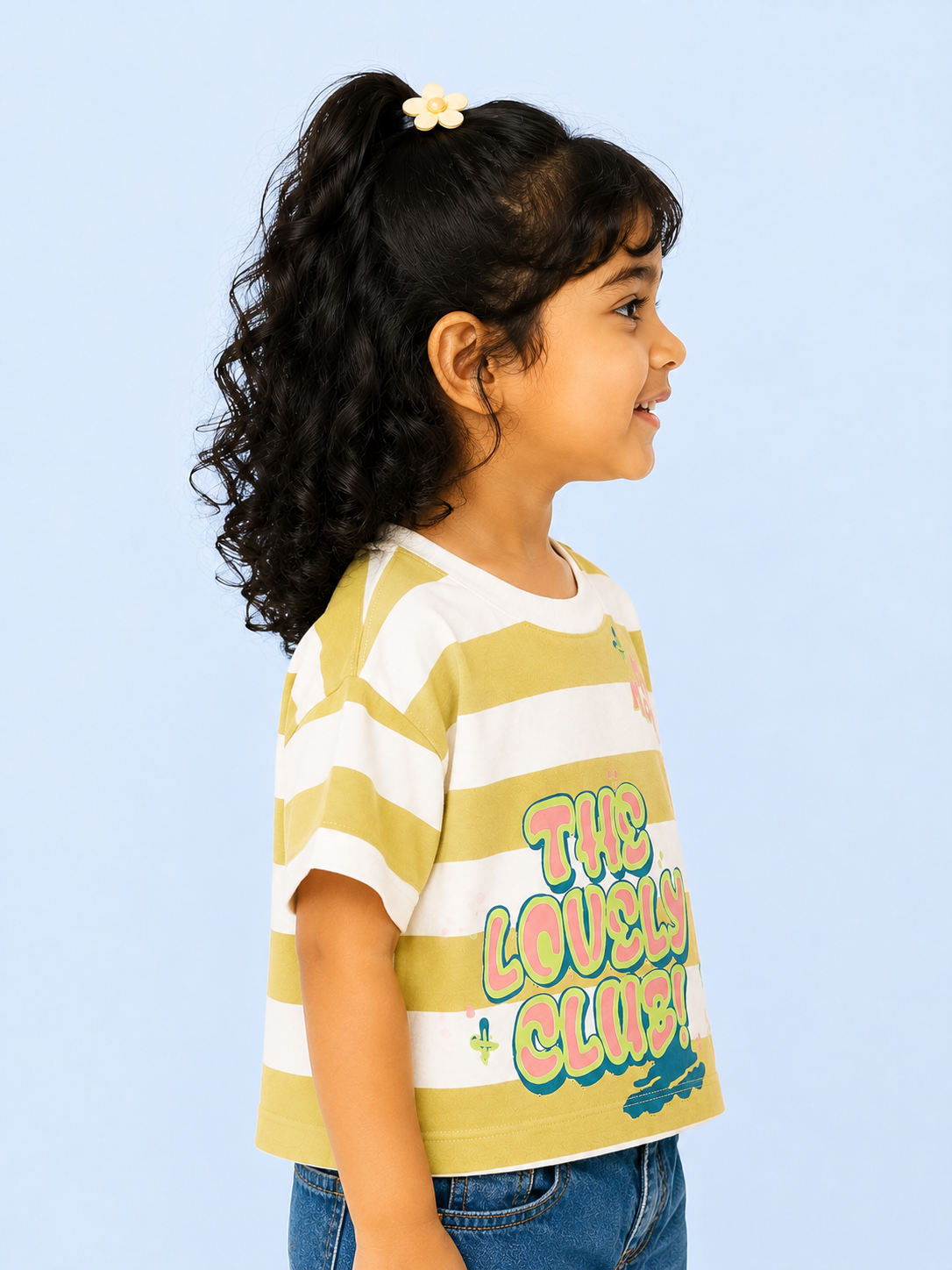Yellow & White Striped Graphic Kids T-Shirt – Soft Cotton Summer Wear for Girls BloomUp