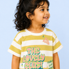 Yellow & White Striped Graphic Kids T-Shirt – Soft Cotton Summer Wear for Girls