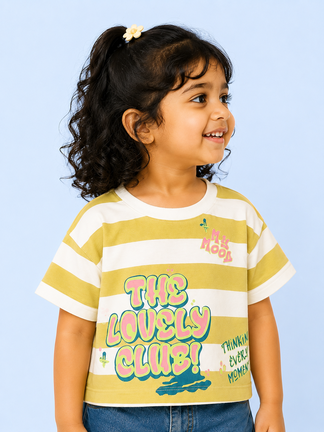 Yellow & White Striped Graphic Kids T-Shirt – Soft Cotton Summer Wear for Girls BloomUp