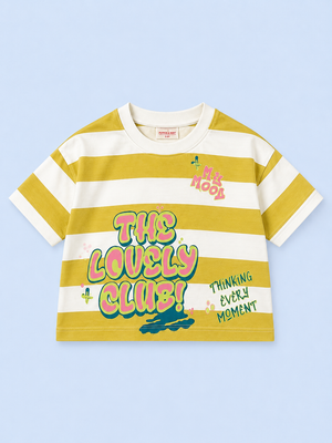 Yellow & White Striped Graphic Kids T-Shirt – Soft Cotton Summer Wear for Girls BloomUp
