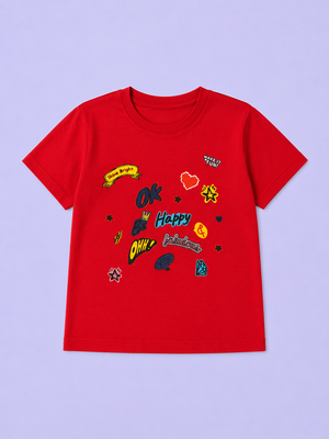 Red Graphic Print Kids T-Shirt – Soft Cotton Summer Wear for Girls BloomUp