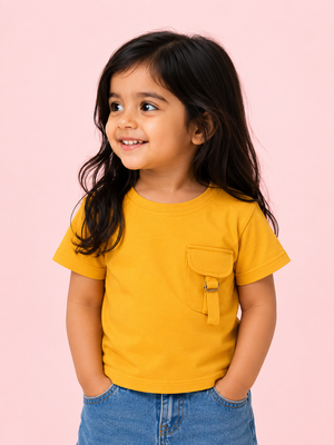 Yellow Pocket Detail T-Shirt for Kids – Soft Cotton Summer Wear Boys & Girls BloomUp
