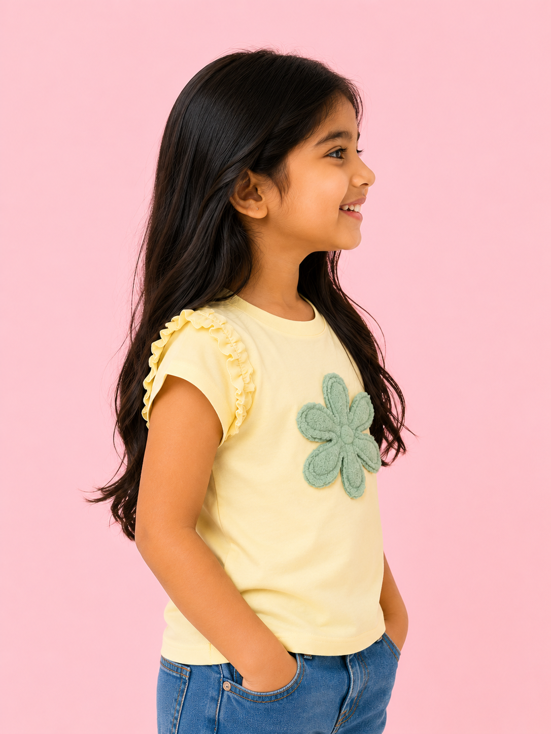 Yellow Flower Applique Kids T-Shirt – Soft Cotton Ruffle Sleeve Summer Wear for Girls BloomUp