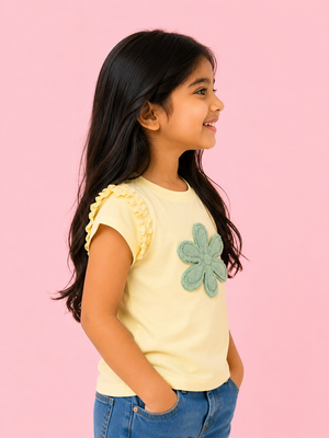 Yellow Flower Applique Kids T-Shirt – Soft Cotton Ruffle Sleeve Summer Wear for Girls BloomUp