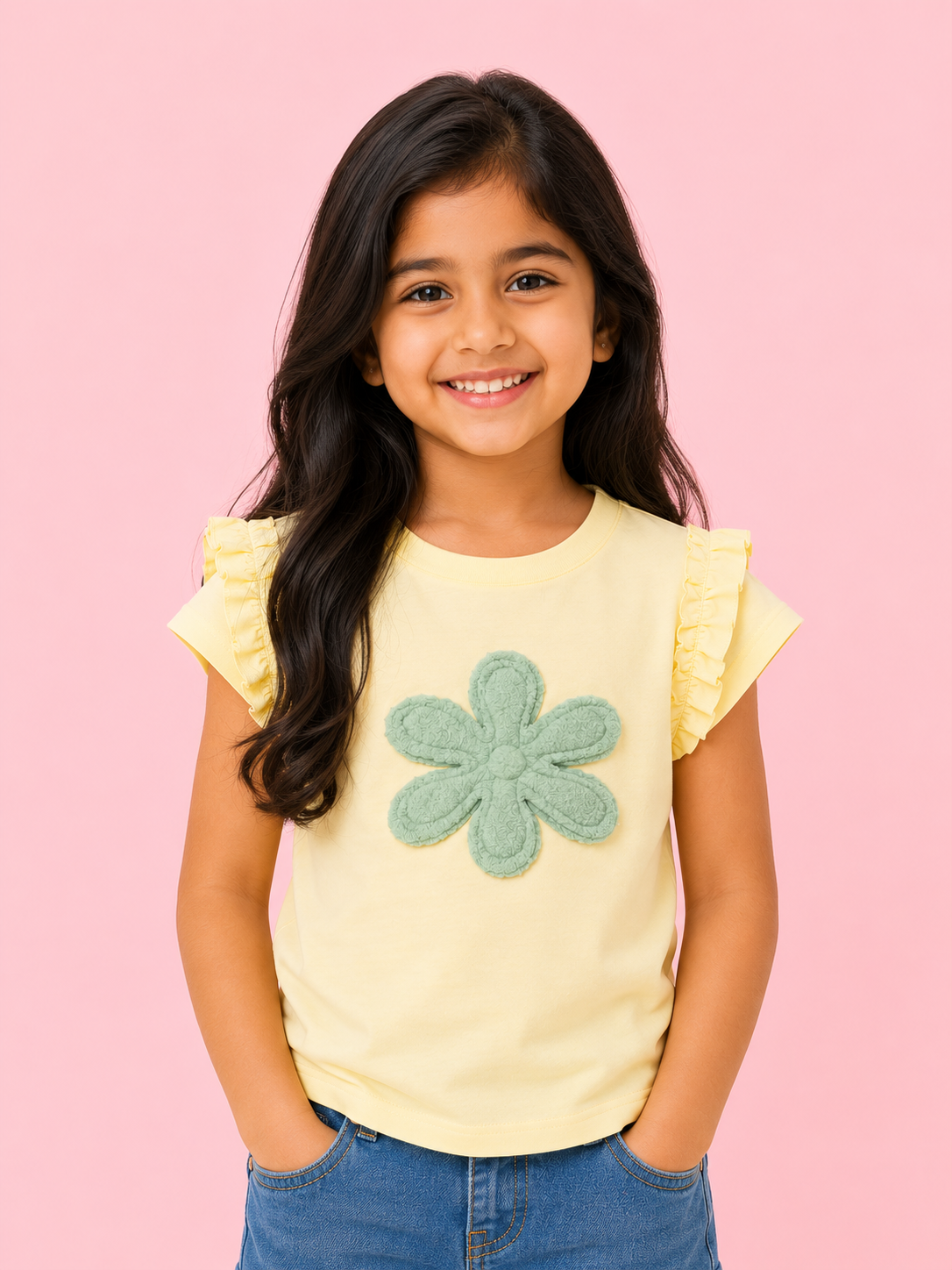 Yellow Flower Applique Kids T-Shirt – Soft Cotton Ruffle Sleeve Summer Wear for Girls BloomUp