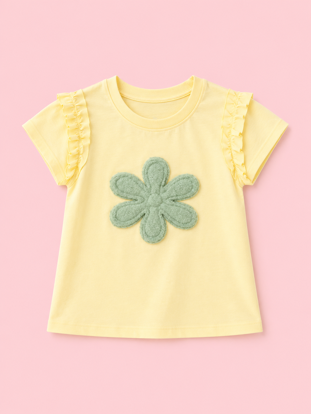 Yellow Flower Applique Kids T-Shirt – Soft Cotton Ruffle Sleeve Summer Wear for Girls BloomUp