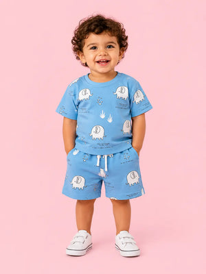 BloomUp Blue Elephant Print Kids Co-ord Set – Soft Cotton Summer Wear for Boys