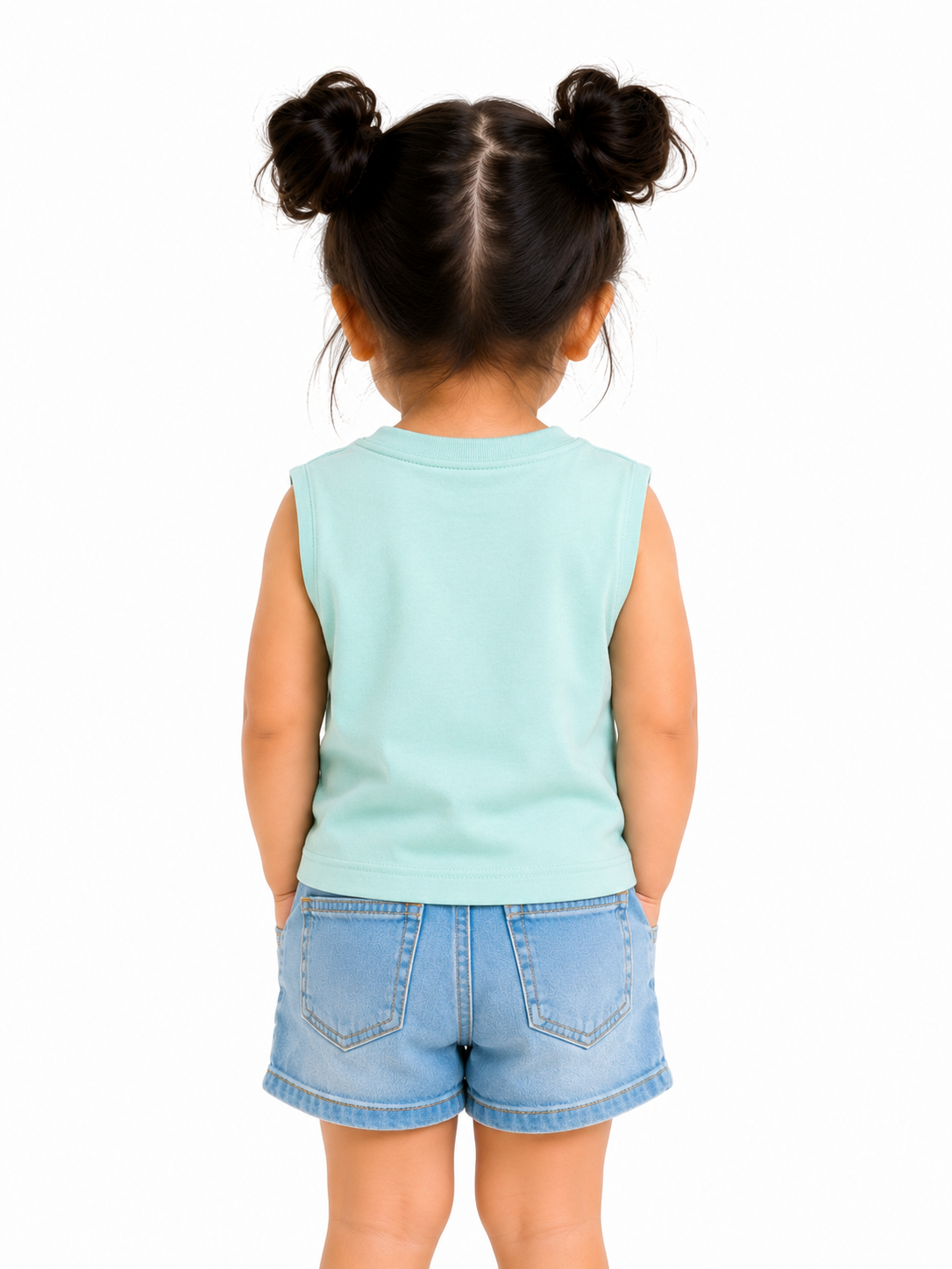 Mint Green Sleeveless Kids Top with Pocket Graphic – Soft Cotton Summer Wear for Girls BloomUp