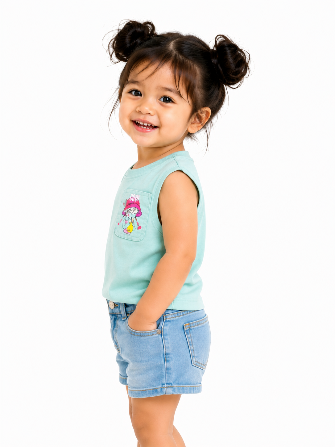Mint Green Sleeveless Kids Top with Pocket Graphic – Soft Cotton Summer Wear for Girls BloomUp