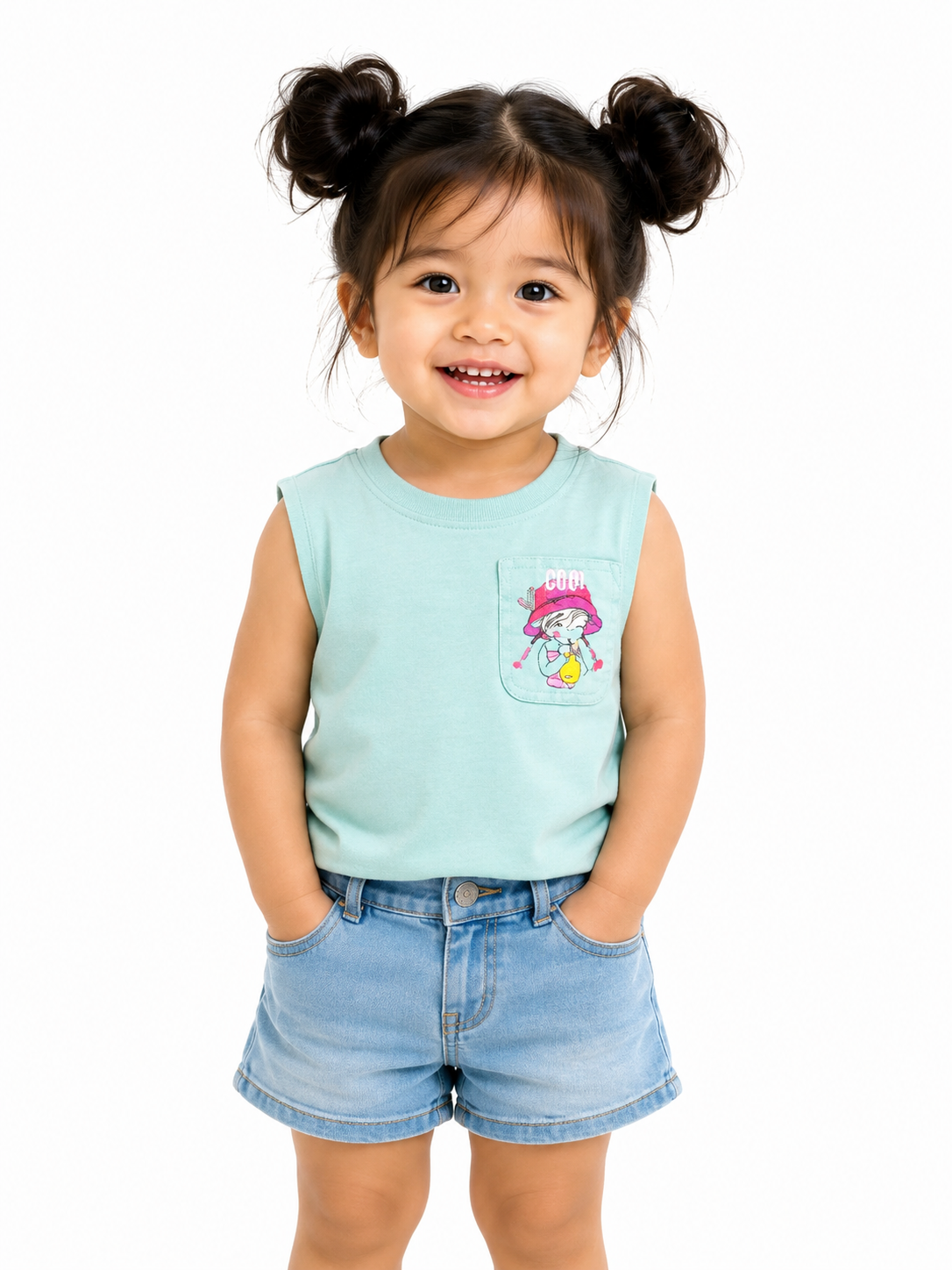 Mint Green Sleeveless Kids Top with Pocket Graphic – Soft Cotton Summer Wear for Girls BloomUp