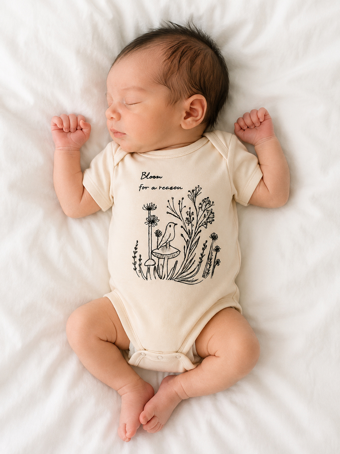 Beige Baby Bodysuit with Floral Bird Print – Soft Cotton Onesie BloomUp
