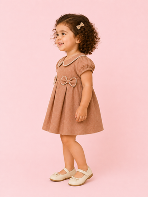 Brown Peter Pan Collar Bow Dress – Elegant Cotton Party Wear for Baby Girls BloomUp