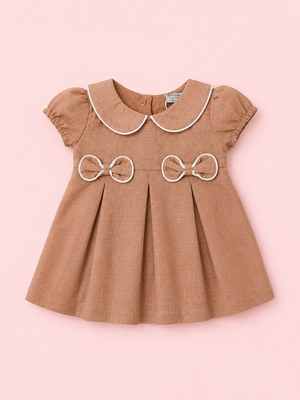 Brown Peter Pan Collar Bow Dress – Elegant Cotton Party Wear for Baby Girls BloomUp