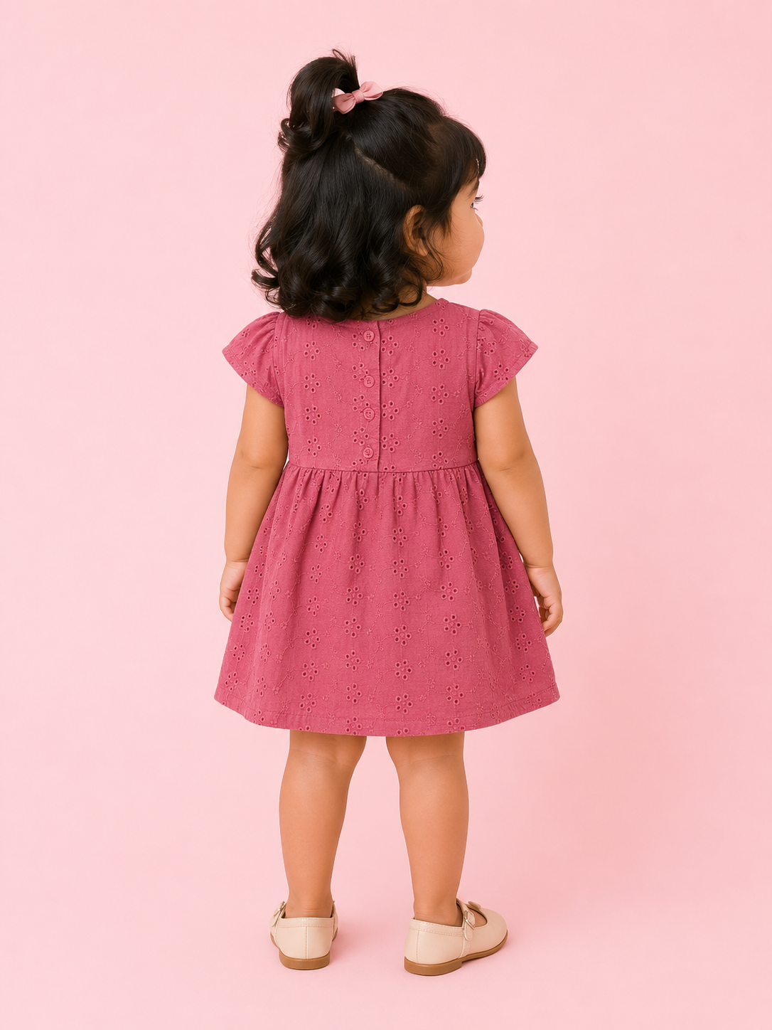 Cherry Red Eyelet Cotton Dress with Pearl Waist Detail – Elegant Summer Wear for Baby Girls BloomUp
