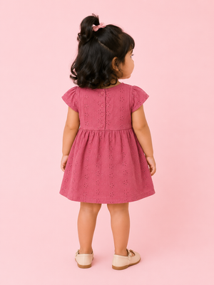 Cherry Red Eyelet Cotton Dress with Pearl Waist Detail – Elegant Summer Wear for Baby Girls BloomUp