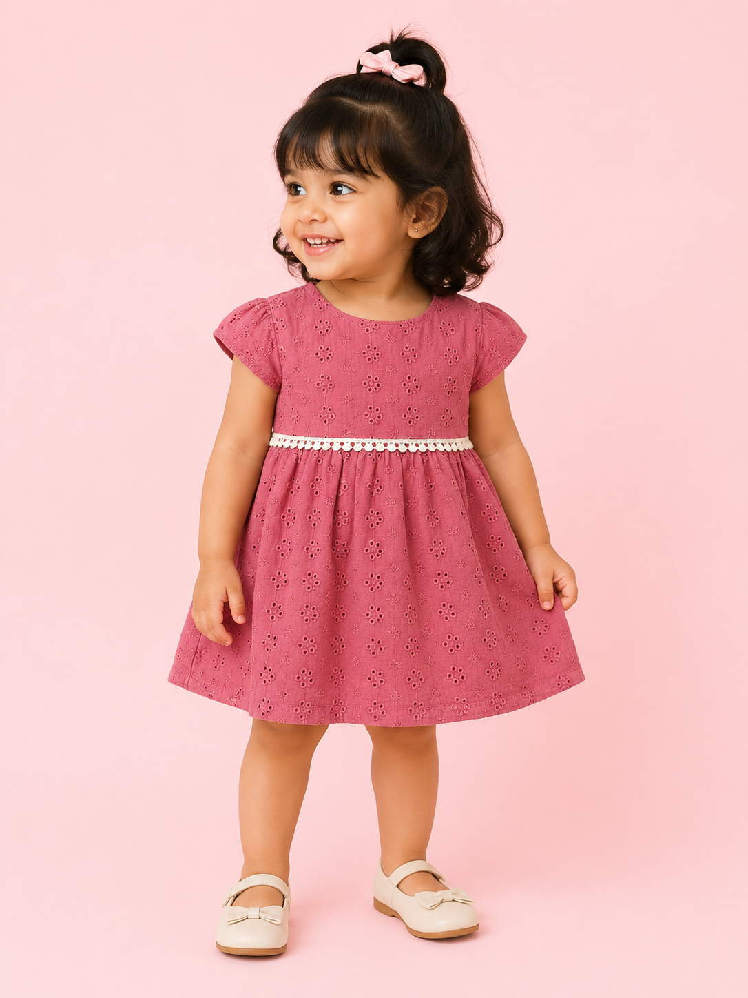 Cherry Red Eyelet Cotton Dress with Pearl Waist Detail – Elegant Summer Wear for Baby Girls BloomUp