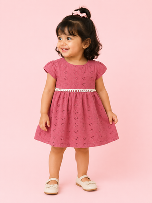 Cherry Red Eyelet Cotton Dress with Pearl Waist Detail – Elegant Summer Wear for Baby Girls BloomUp