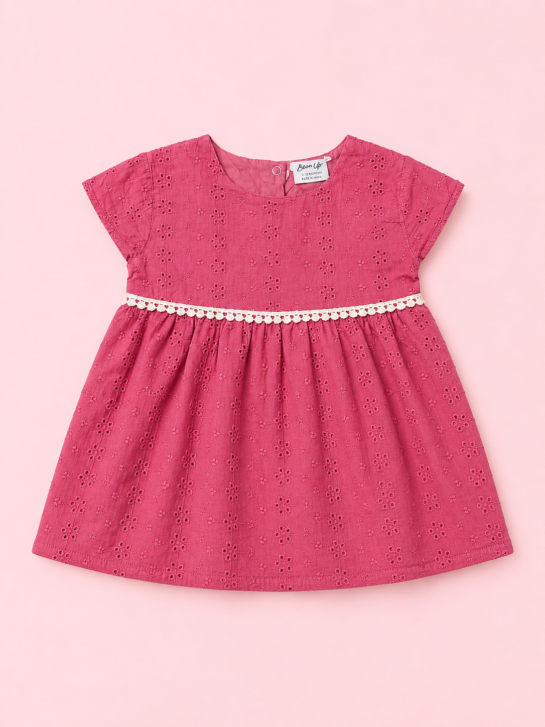 Cherry Red Eyelet Cotton Dress with Pearl Waist Detail – Elegant Summer Wear for Baby Girls BloomUp