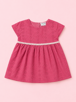 Cherry Red Eyelet Cotton Dress with Pearl Waist Detail – Elegant Summer Wear for Baby Girls BloomUp